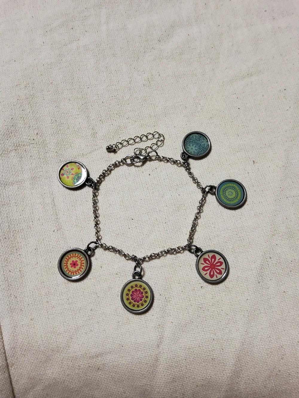 Silver Charm Bracelet with Multi-Color Floral Medallions